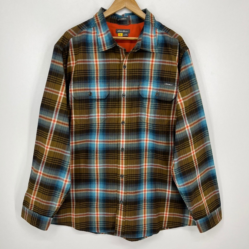 Eddie Bauer Mens Classic Fit Plaid Button Down Shirt Blue Brown Orange 2XL